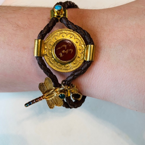 Brown rope & gold tone real silver bracelet with semi-precious stones dragonfly - Picture 4 of 11